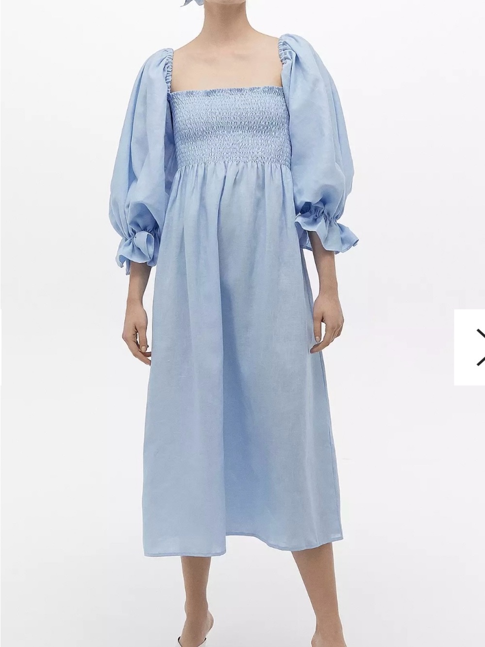 SLEEPER Smocked Square-Neck Midi Dress in Light Blue